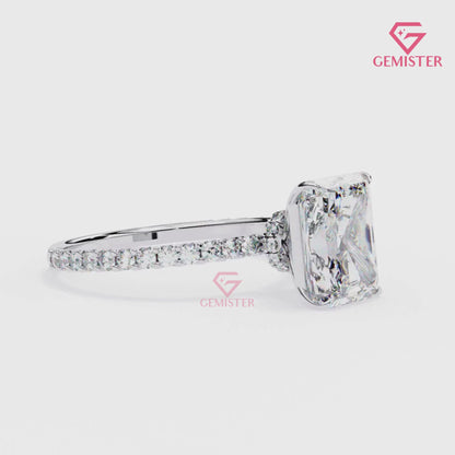 3.33 CT Radiant Cut Lab Grown Diamond Engagement Ring with Diamond Pave Gold Band – Elegant Solitaire Bridal Jewelry