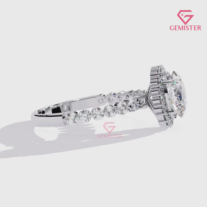 1.66 CT Round Cut Moissanite Halo Engagement Ring with Diamond Accents on Gold Band – Luxury Bridal Jewelry