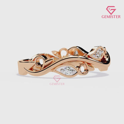 Floral Vine Moissanite Band Ring 0.09 CT – 14K Gold Leaf Design Diamond Ring, Nature Inspired Wedding Band, Unique Anniversary Ring for Women