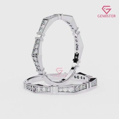 0.16 Ct Moissanite Geometric Band Ring – Milgrain Design with Round Cut Stones, Elegant Wedding Band