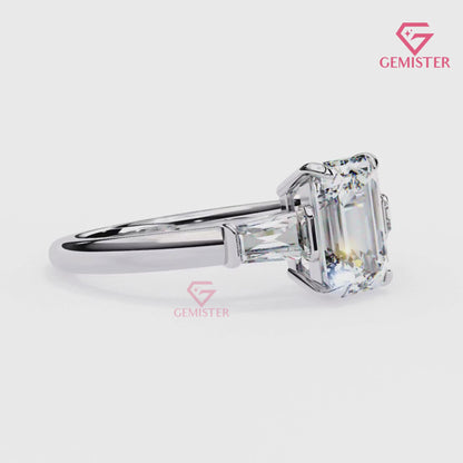 2.93 CT Emerald Cut Moissanite Three Stone Engagement Ring with Baguette Side Accents – Classic Bridal Jewelry