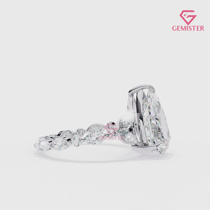 3.91 Ct Pear Cut Lab Grown Diamond Engagement Ring – Marquise & Round Accent  Ring Vintage Bridal Jewelry