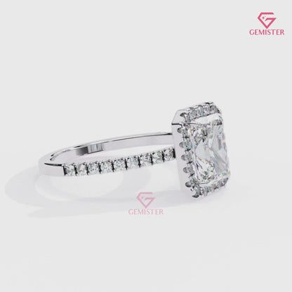 Elegant 2.15 CT Radiant Cut Moissanite Halo Ring – Gold Pave Band, Modern Bridal Jewelry