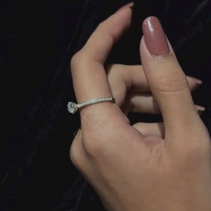 Dainty Round Cut Solitaire Ring | Slim Pavé Diamond Band 14K White Gold Engagement Ring