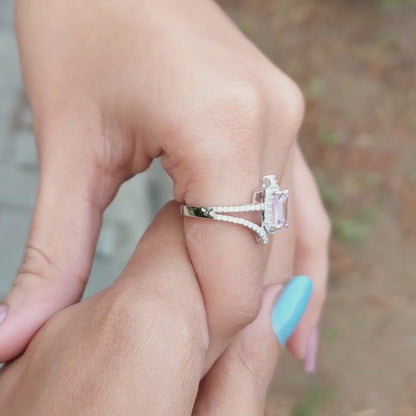 Emerald Cut Halo Engagement Ring | Pave Bypass Split Shank Moissanite Wedding Band