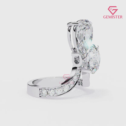 Toi et Moi Engagement Ring – 6.50 CT Pear & Round Moissanite Two Stone Ring with Diamond Accent Band in 14K Yellow Gold