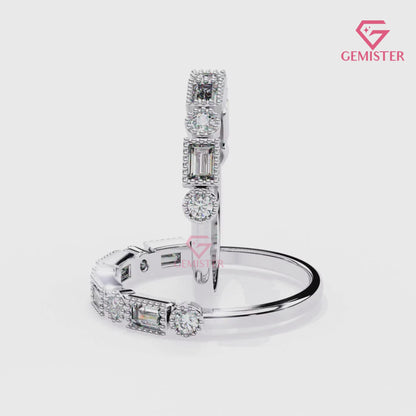 0.34 Ct Lab Grown Diamond Milgrain Band Ring – Round & Baguette Cut Stones, Vintage Inspired Wedding Band