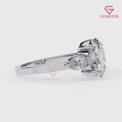 1.54 CT Oval Cut Moissanite Three Stone Engagement Ring with Pear Side Accents – Classic Bridal Jewelry