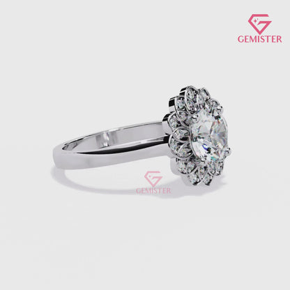 1.61 CT Floral Halo Lab Grown Diamond Engagement Ring – Round Cut Cluster Design Vintage Flower Inspired Statement Jewelry