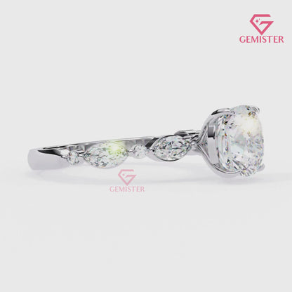 3.56 CT Cushion Cut Lab Grown Diamond Engagement Ring with Marquise and Round Side Accents – Unique Bridal Jewelry