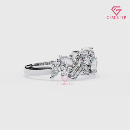1.64 Ct Lab Grown Diamond Multi-Cut Cluster Band – Round, Marquise & Baguette Cut Ring, Elegant Wedding Band
