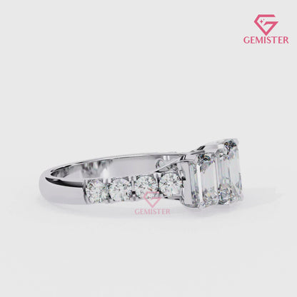 3.00 CT Emerald Cut Three Stone Lab Grown Diamond Engagement Ring with Side Accents – Classic Bridal Jewelry