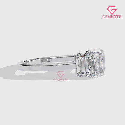 1.63 CT Radiant Cut Lab Grown Diamond Three Stone Engagement Ring with Baguette Side Accents in Gold – Classic Bridal Jewelry